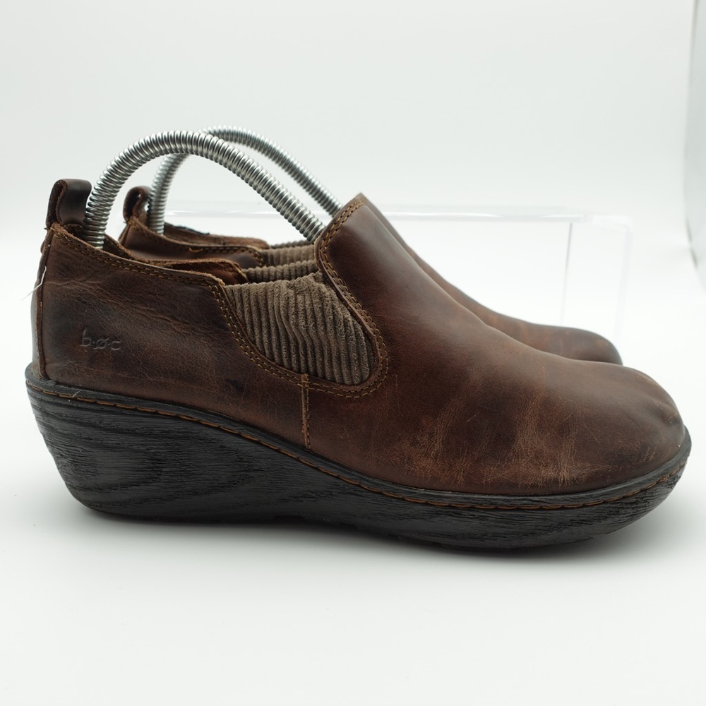 B.O.C. Born Women Size 9 Shoes Brown Leather Wedge Block Heel Slip On Clog Ankle